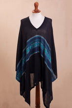 Load image into Gallery viewer, Artisan Crafted Cotton Blend Poncho in Black and Blue - Seasonal Escape | NOVICA