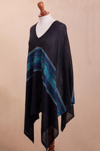 Load image into Gallery viewer, Artisan Crafted Cotton Blend Poncho in Black and Blue - Seasonal Escape | NOVICA