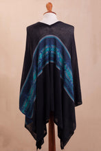 Load image into Gallery viewer, Artisan Crafted Cotton Blend Poncho in Black and Blue - Seasonal Escape | NOVICA