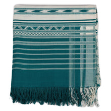 Load image into Gallery viewer, Geometric Striped Cotton Throw in Emerald and Alabaster - Geometric Elegance in Emerald | NOVICA