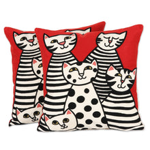 Load image into Gallery viewer, Cat-Themed Embroidered Cotton Cushion Covers (Pair) - Cat Family | NOVICA