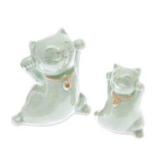 Load image into Gallery viewer, Celadon Ceramic Cat Figurines from Thailand (Pair) - Cats of Fortune | NOVICA