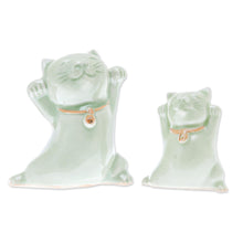 Load image into Gallery viewer, Celadon Ceramic Cat Figurines from Thailand (Pair) - Cats of Fortune | NOVICA