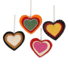 Load image into Gallery viewer, Colorful Wool Felt Heart Ornaments from India (Set of 4) - Entrancing Hearts | NOVICA