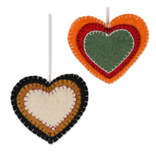 Load image into Gallery viewer, Colorful Wool Felt Heart Ornaments from India (Set of 4) - Entrancing Hearts | NOVICA