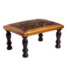 Load image into Gallery viewer, Bird-Themed Leather and Wood Ottoman from Peru - World of Birds | NOVICA