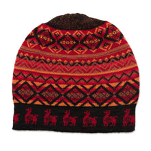 Load image into Gallery viewer, Red and Orange on Black Diamond Motif Alpaca Blend Knit Hat - Alpaca Sunrise | NOVICA