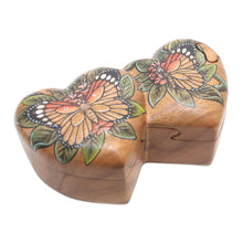 Load image into Gallery viewer, Hand-Painted Double Heart Wood Butterfly Puzzle Box - Twin Butterfly Hearts | NOVICA