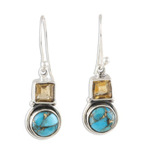 Load image into Gallery viewer, Square Citrine and Composite Turquoise Dangle Earrings - Glittering Combo | NOVICA