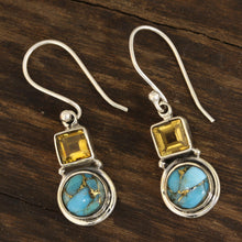 Load image into Gallery viewer, Square Citrine and Composite Turquoise Dangle Earrings - Glittering Combo | NOVICA
