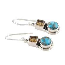 Load image into Gallery viewer, Square Citrine and Composite Turquoise Dangle Earrings - Glittering Combo | NOVICA