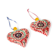 Load image into Gallery viewer, Hand-Painted Heart-Shaped Ceramic Ornament Pair - Majestic Heart | NOVICA