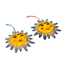 Load image into Gallery viewer, Ceramic Sun Ornament Pair in Yellow from Mexico - Bright Suns | NOVICA