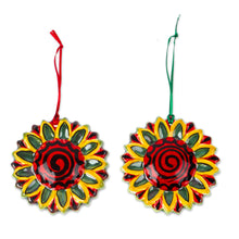 Load image into Gallery viewer, Artisan Crafted Ceramic Sunflower Ornaments (Pair) - Holiday Sunflowers | NOVICA