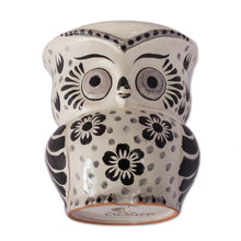 Load image into Gallery viewer, Black and White Ceramic Owl Flower Pot from Mexico - Floral Owl | NOVICA
