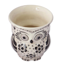 Load image into Gallery viewer, Black and White Ceramic Owl Flower Pot from Mexico - Floral Owl | NOVICA