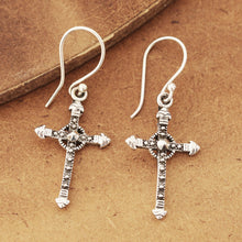 Load image into Gallery viewer, Sterling Silver Cross Dangle Earrings from India - Faithful Dazzle | NOVICA