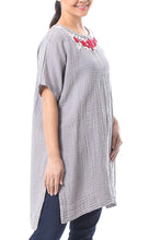 Load image into Gallery viewer, Floral Cotton Tunic in Ash from Thailand - Posy Bliss in Ash | NOVICA