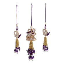 Load image into Gallery viewer, Gold and Purple Beaded Ornaments from India (Set of 3) - Holiday Glamour in Purple | NOVICA