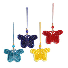 Load image into Gallery viewer, Glass Beaded Butterfly Ornaments from India (Set of 4) - Glamorous Butterflies | NOVICA