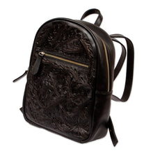Load image into Gallery viewer, Floral Pattern Leather Backpack in Black from Mexico - Onyx Floral Artisan | NOVICA