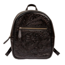 Load image into Gallery viewer, Floral Pattern Leather Backpack in Black from Mexico - Onyx Floral Artisan | NOVICA