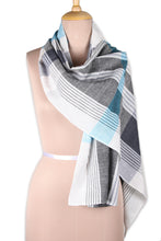 Load image into Gallery viewer, Patterned Blue and Grey Cotton Shawl from India - Blissful Combination | NOVICA