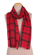 Load image into Gallery viewer, Checked Viscose Blend Wrap Scarf in Crimson from India - Crimson Checks | NOVICA