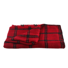 Load image into Gallery viewer, Checked Viscose Blend Wrap Scarf in Crimson from India - Crimson Checks | NOVICA