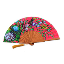 Load image into Gallery viewer, Floral Silk Hand Fan in Strawberry from Bali - Passionate Garden | NOVICA