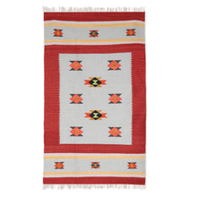 Load image into Gallery viewer, Scarlet and Celadon Wool Area Rug from India (3x5) - Starry Frame | NOVICA