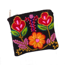 Load image into Gallery viewer, Floral Embroidered Wool Coin Purse in Black from Peru - Exceptional Garden | NOVICA
