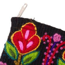 Load image into Gallery viewer, Floral Embroidered Wool Coin Purse in Black from Peru - Exceptional Garden | NOVICA