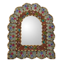 Load image into Gallery viewer, Reverse-Painted Glass Wood Wall Mirror with Floral Motifs - Sweet Arrangement | NOVICA