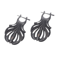 Load image into Gallery viewer, Hand Carved Water Buffalo Horn Shell Motif Hoop Earrings - Graceful Fanfare | NOVICA