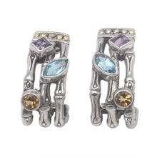 Load image into Gallery viewer, Gold Accent Multi-Gemstone Bamboo Half-Hoop Earrings - Bamboo Glitter | NOVICA