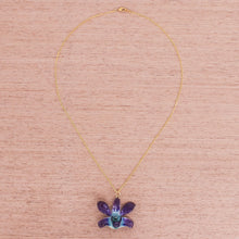 Load image into Gallery viewer, Gold Accented Blue-Purple Natural Orchid Pendant Necklace - Starry Flower in Blue-Purple | NOVICA
