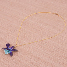 Load image into Gallery viewer, Gold Accented Blue-Purple Natural Orchid Pendant Necklace - Starry Flower in Blue-Purple | NOVICA