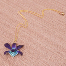 Load image into Gallery viewer, Gold Accented Blue-Purple Natural Orchid Pendant Necklace - Starry Flower in Blue-Purple | NOVICA