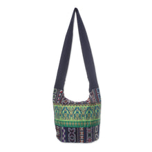 Load image into Gallery viewer, Black and Multi-Color Patterned Cotton Blend Shoulder Bag - Vibrant Gardens | NOVICA