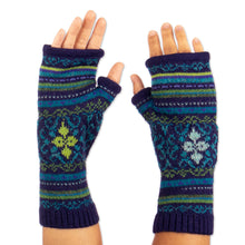 Load image into Gallery viewer, Blue and Green 100% Alpaca Fingerless Mitts from Peru - Blue Turquoise | NOVICA