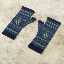 Load image into Gallery viewer, Blue and Green 100% Alpaca Fingerless Mitts from Peru - Blue Turquoise | NOVICA