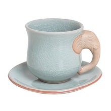 Load image into Gallery viewer, Aqua Celadon Cup and Saucer with Elephant Motif - Elephant Gaze | NOVICA