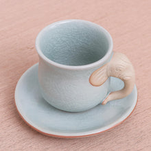 Load image into Gallery viewer, Aqua Celadon Cup and Saucer with Elephant Motif - Elephant Gaze | NOVICA