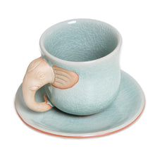 Load image into Gallery viewer, Aqua Celadon Cup and Saucer with Elephant Motif - Elephant Gaze | NOVICA