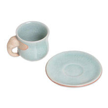 Load image into Gallery viewer, Aqua Celadon Cup and Saucer with Elephant Motif - Elephant Gaze | NOVICA