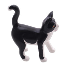 Load image into Gallery viewer, Balinese Signed Hand-Carved Tuxedo Cat Sculpture - Curious Tuxedo Cat | NOVICA