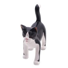 Load image into Gallery viewer, Balinese Signed Hand-Carved Tuxedo Cat Sculpture - Curious Tuxedo Cat | NOVICA