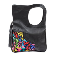 Load image into Gallery viewer, Embroidered Hummingbird Black Leather Handle Handbag - Hummingbird Garden | NOVICA