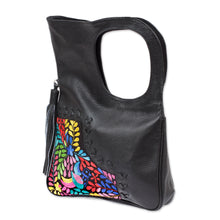 Load image into Gallery viewer, Embroidered Hummingbird Black Leather Handle Handbag - Hummingbird Garden | NOVICA